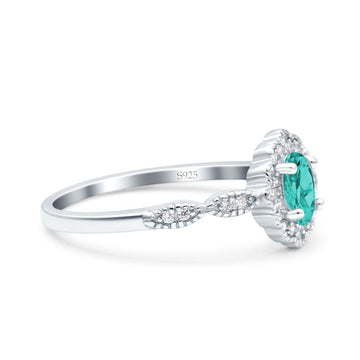 Halo Art Deco Oval Engagement Ring Simulated Paraiba Tourmaline CZ 925 Sterling Silver